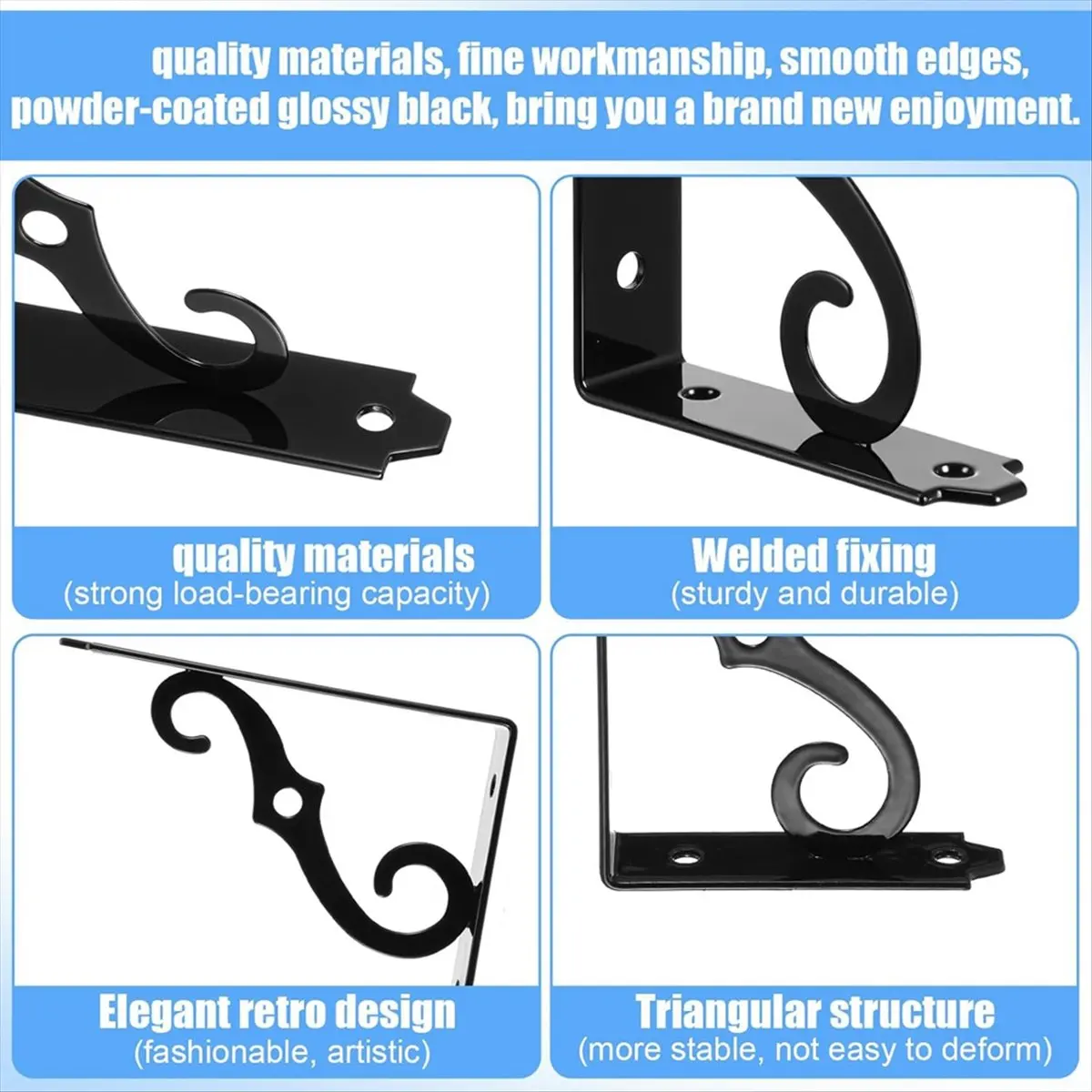 Lot de 4 supports d'étagère décoratifs, supports d'étagère noirs de 5 pouces avec vis, supports muraux en métal en forme de L, r