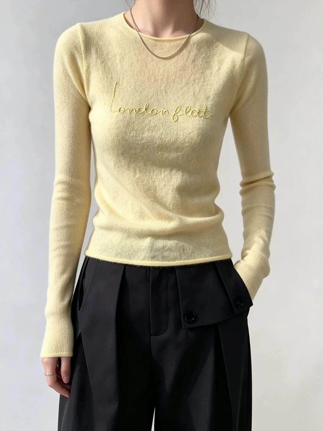 Korean Style Women's Slim Fit Knitted Top Embroidered Inner Wear Long Sleeve Soft Polyester Fiber Breathable Comfortable