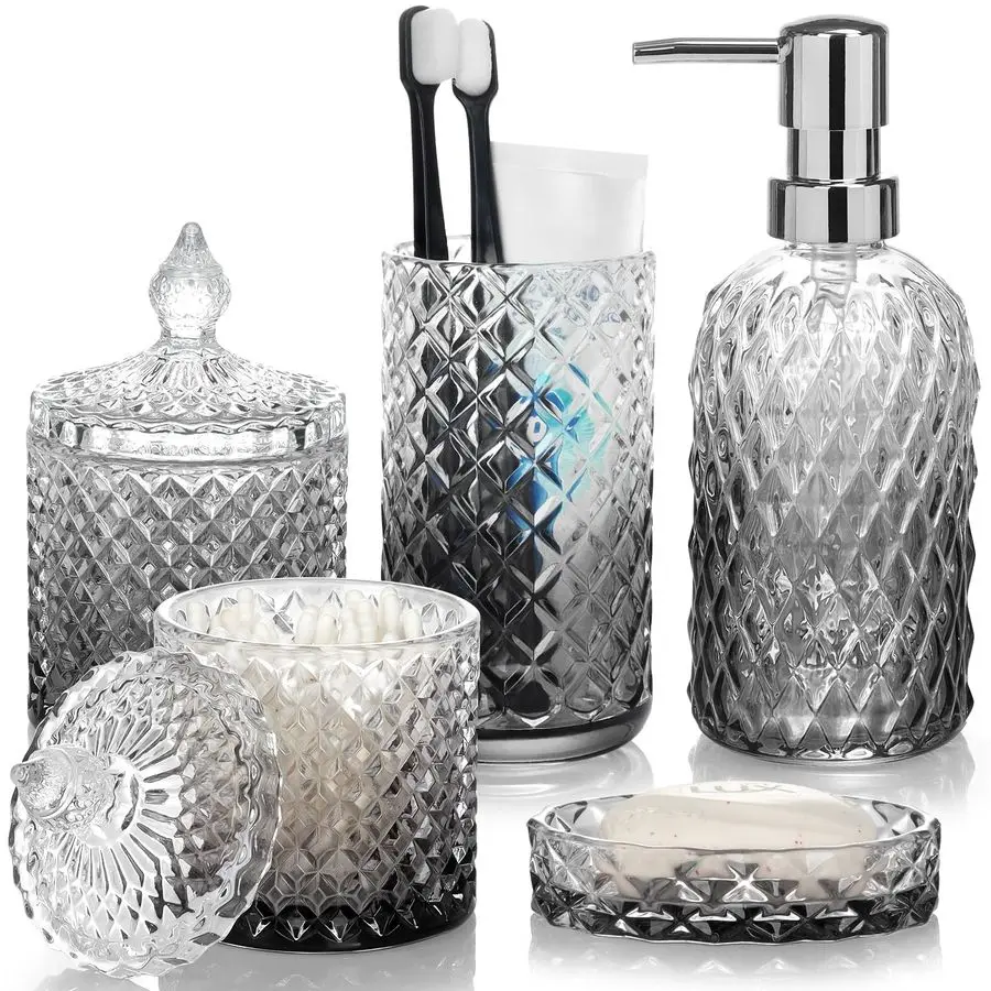 

Набор аксессуаров для ванной комнаты, 5 предметов: стеклянные аксессуары для ванной с дозатором для мыла, мыльницей и держателем для зубных щеток.