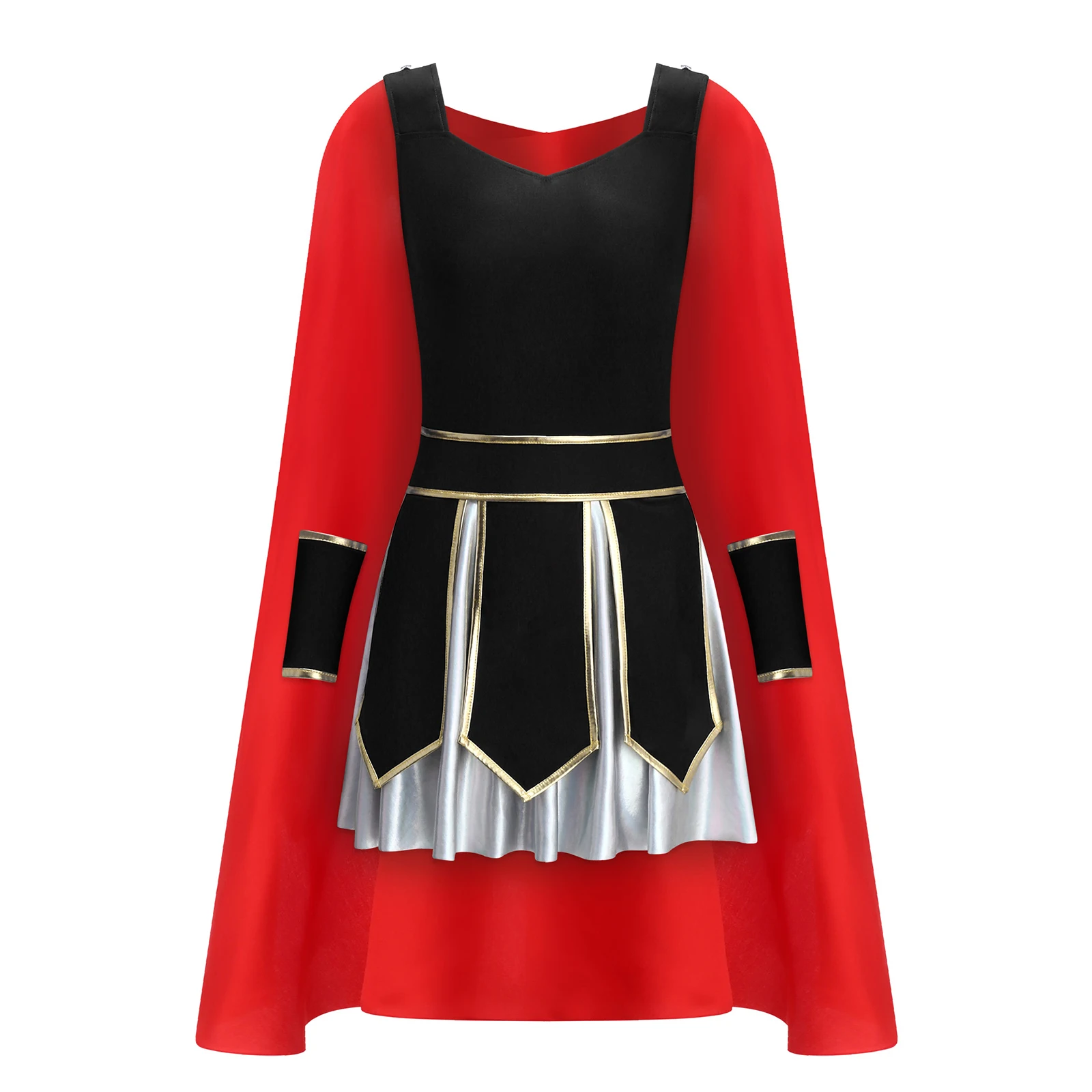 ผู้หญิงโรมัน Gladiator เครื่องแต่งกายปาร์ตี้ฮาโลวีนคอสเพลย์ชุดแขนกุดชุดซาติน Cape และ Cuffs ธีมแฟนซีแต่งตัว