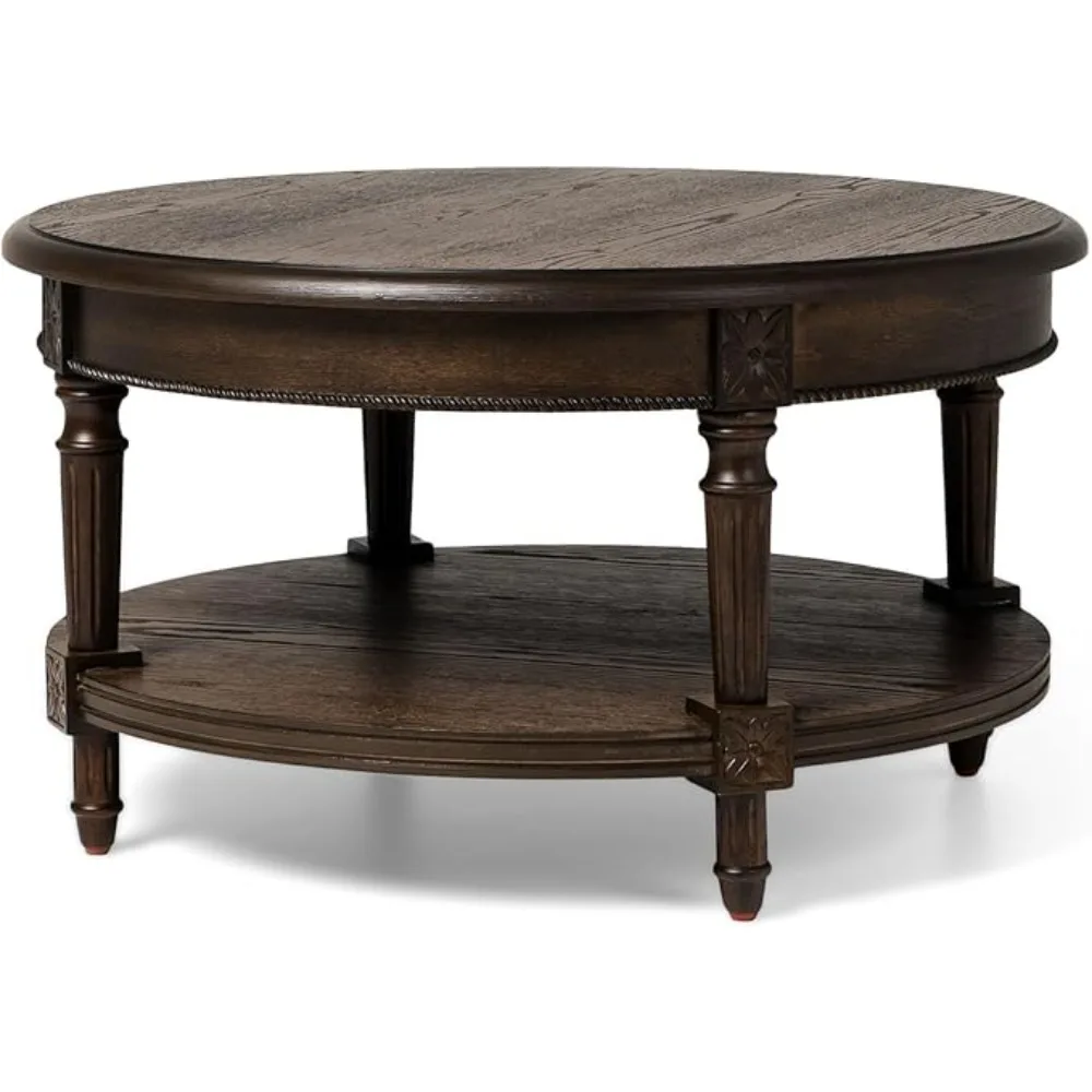 

Pullman Large Curved 2 Tier Traditional Round Circle Wooden Center Coffee Table with Shelf Storage in Rustic Antiqued Brown