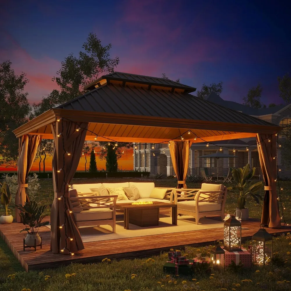 Permanent Hardtop Gazebo,Outdoor Galvanized Steel Double Roof Pavilion Pergola Canopy Wood-Looking for Garden,Deck,Lawns