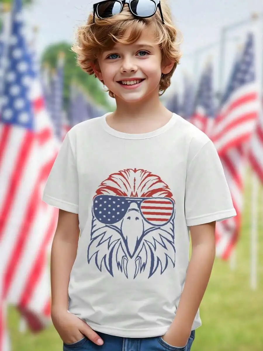 Kids T Shirt Cute American Eagle Wearing USA Flag Sunglasses Fun Boys Girls Summer Tee Gift Cool Graphic Top Fashion Casual Kids