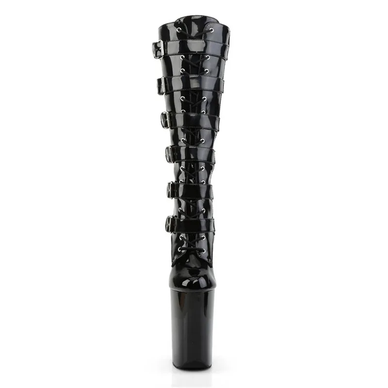 FHC Extreme High 10“ Heel Mid Calf Boots,Patent Leather Short Botas,Lace-up Sexy Platform Cross-dressing Cosplay Shoes,Black