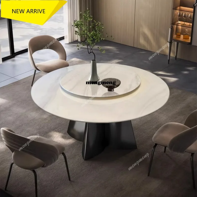 

M138 Natural marble round dining table and chair combination luxury stone home dining room with turntable dining table