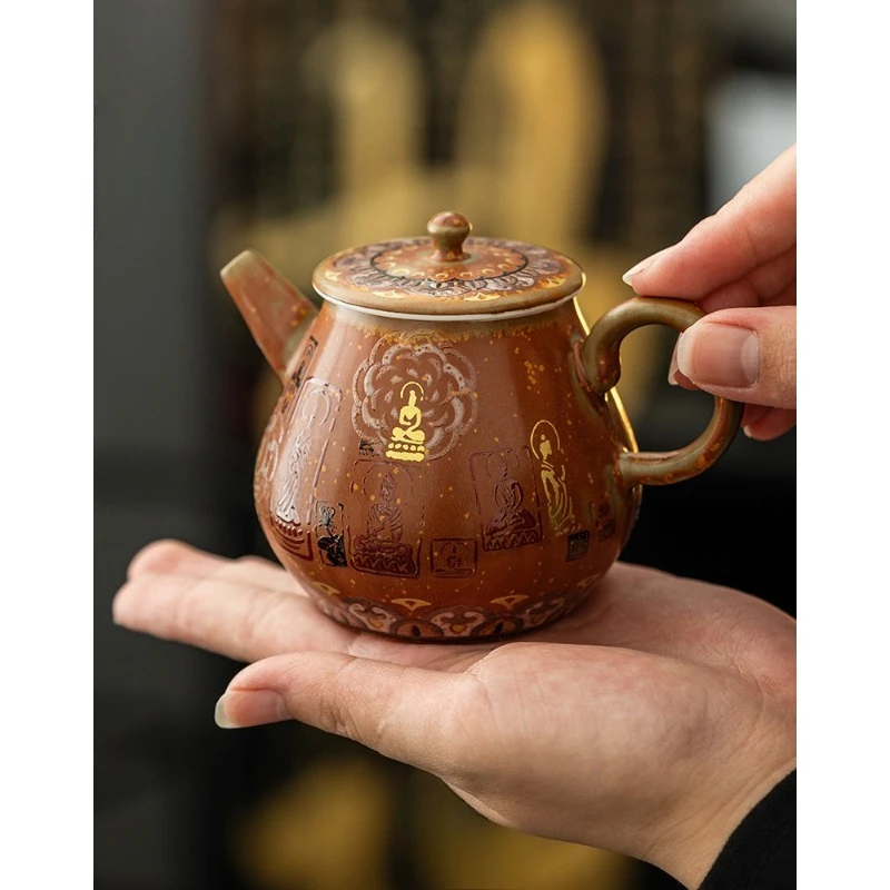 Wood Fired Teapot Handmade Ceramic Gongfu with Natural Ash Glaze forTraditional Brewing Chinese Culture Elegant