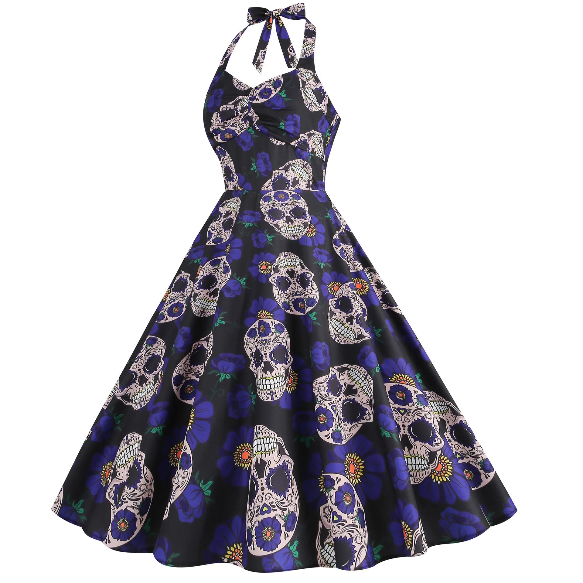 retro skull dress Skull Print Vintage Dress for Women Long Sleeve Gothic Halloween Dress A Line Retro Party Swing Dresses