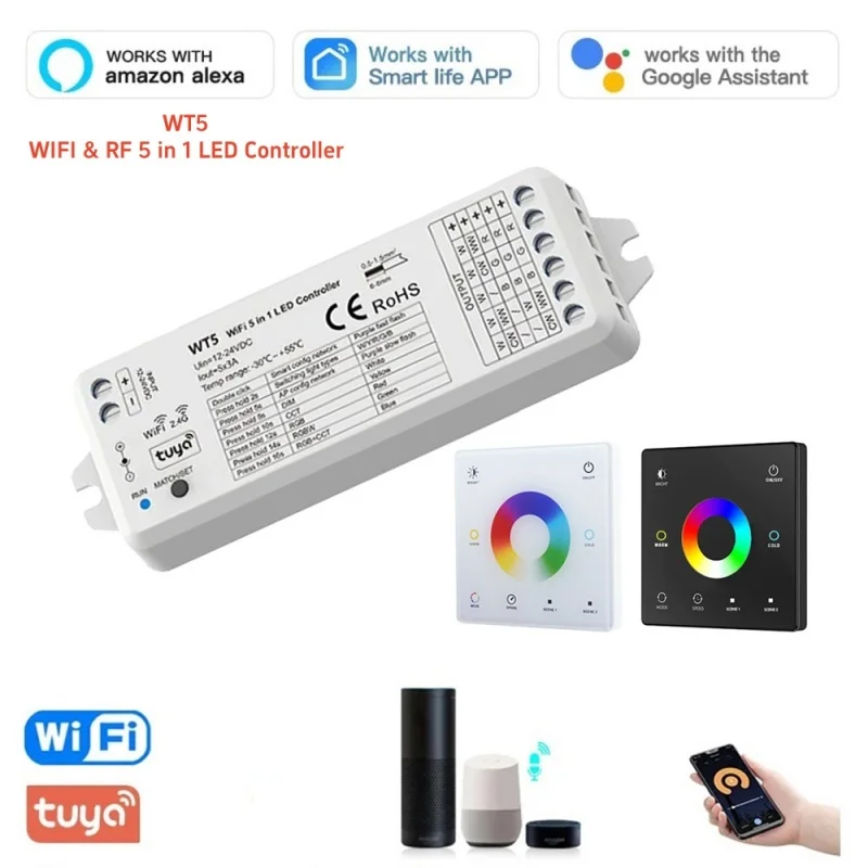 tuya wifi e rf em controlador led wt5 24g dimmer para cct rgb rgbw rgbcct fita de luz vidro painel de toque controle remoto 01