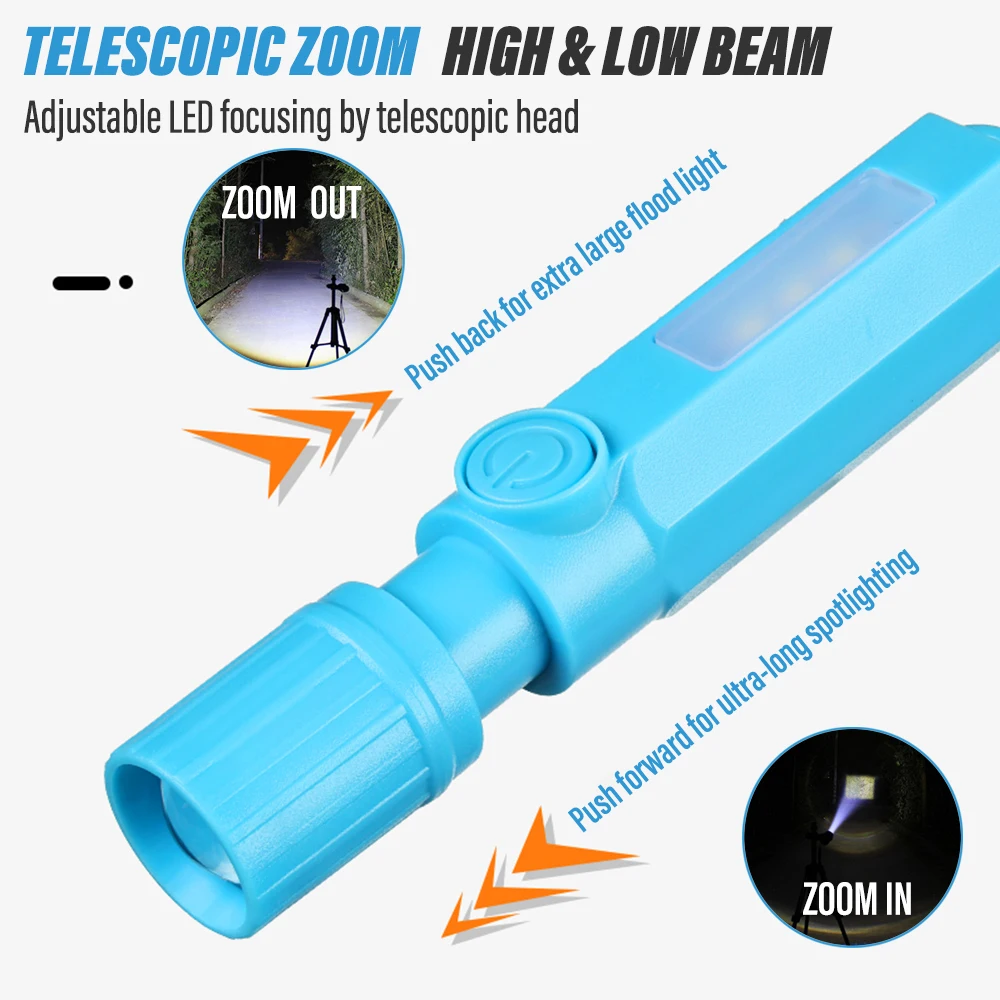 Super Bright LED Mini Flashlight Rechargeable Torch Portable Work Light Outdoor Camping Light with Side Light & Telescopic Zoom