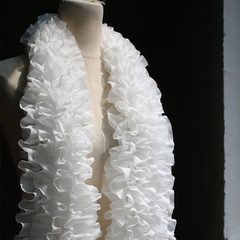 

﻿24x100cm White Large Lace Fabric 3D Ruffles Edge Handmade DIY Flower Bouquet Decorative Stage Clothing Designer Fabric