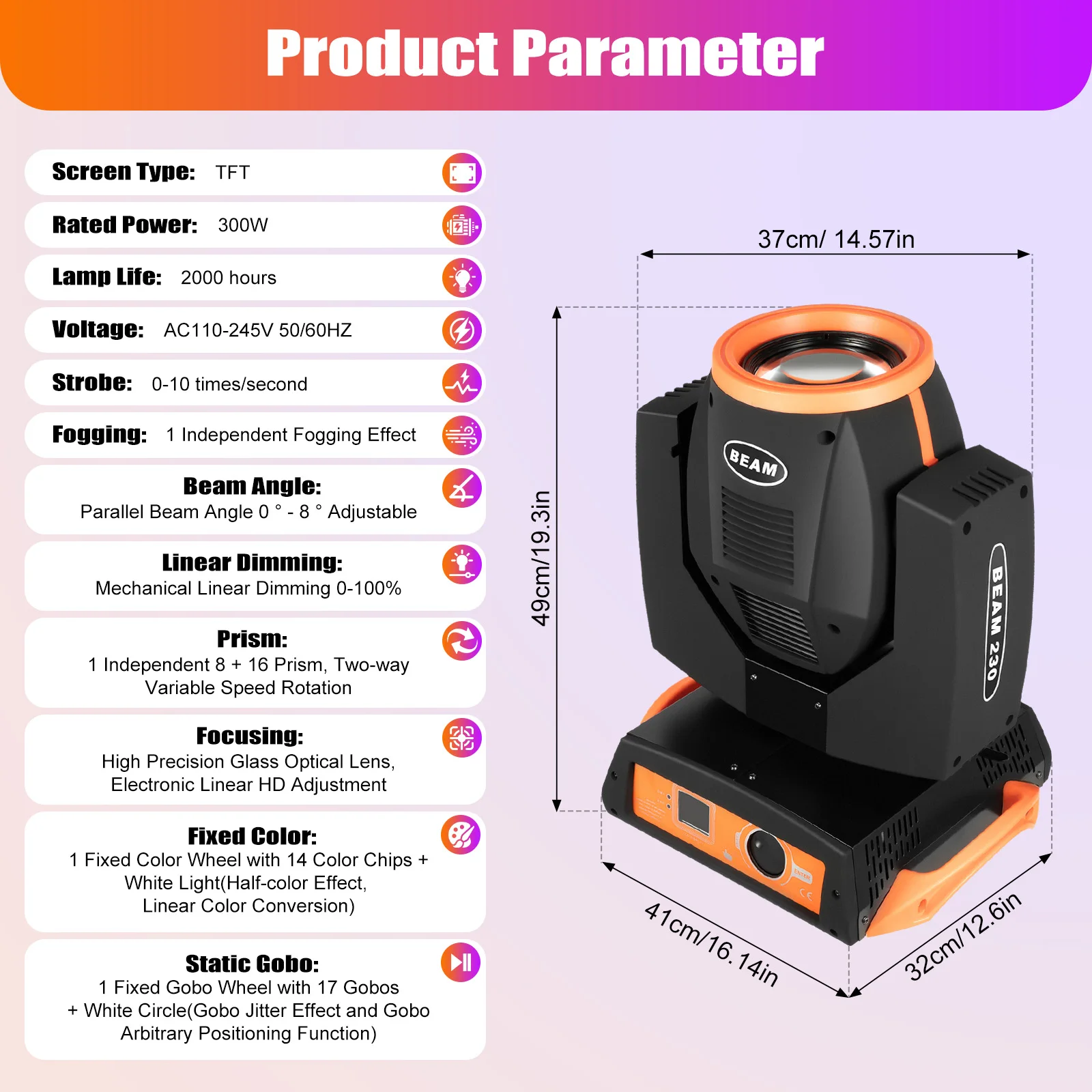 Moving Head Stage Light Black and Orange ABS 16 Channel Voice Control 300W Head Stage Light