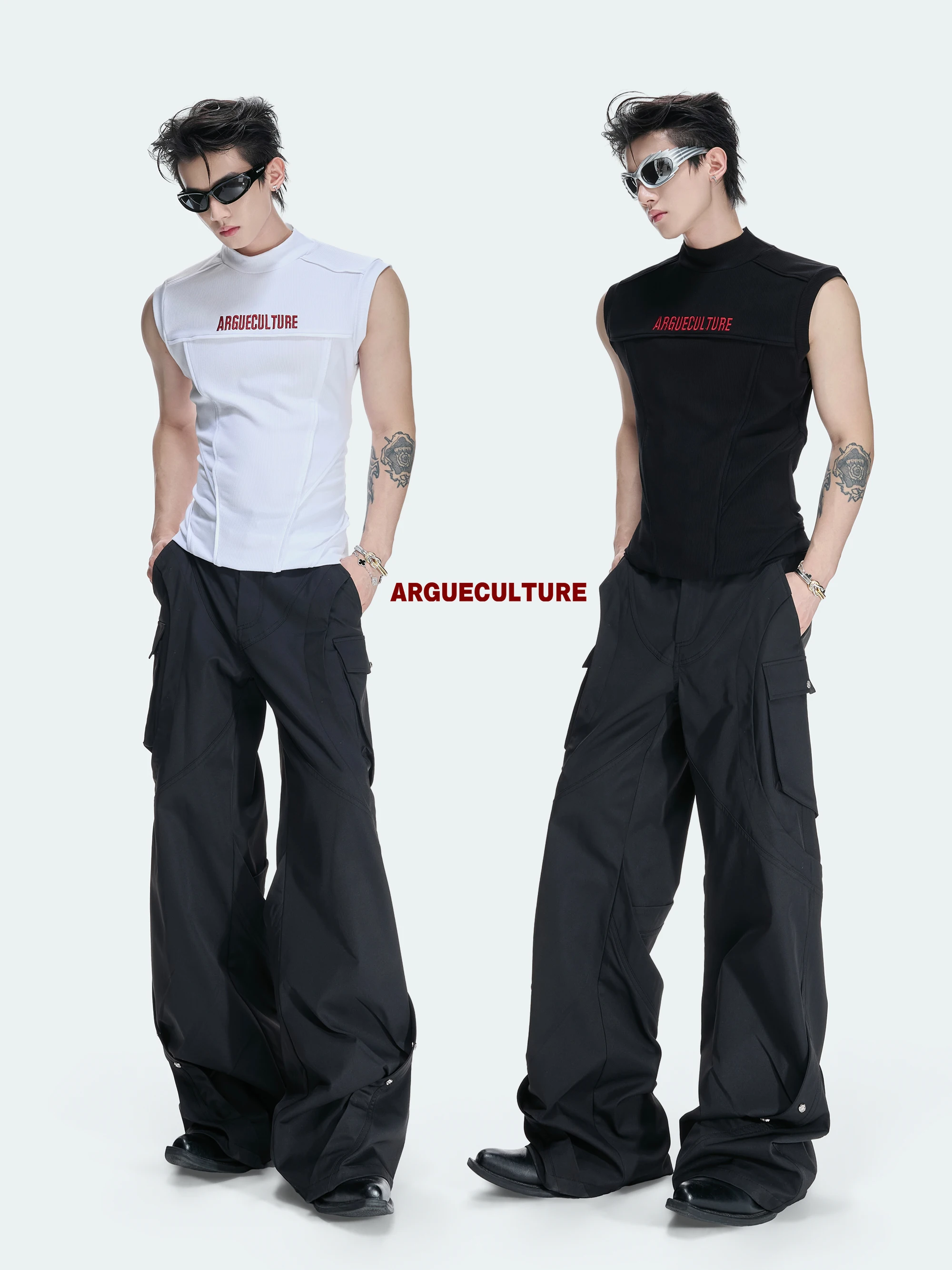 Argue High Elastic Fitness Breathable Backless Embroidery Design Sports Vest Men's Slim Fit Short Sleeve U Neck Top