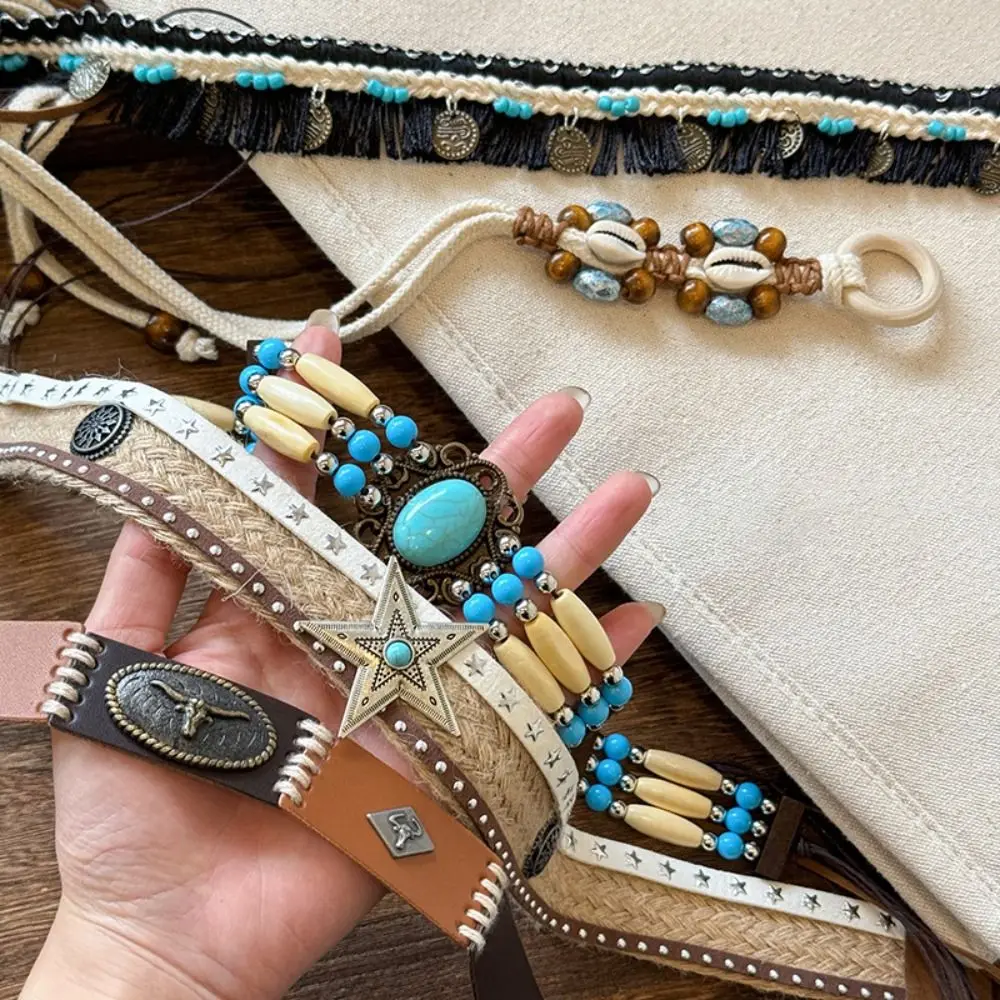 موضة بولي Leather الجلود العرقية نمط حزام الرجعية حزام البوهيمي نمط الخصر سلسلة الدنيم الغربي الكورية نمط نسج حزام المرحلة #5