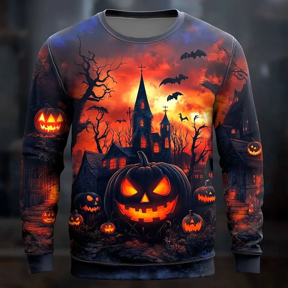 3D Halloween Theme Pumpkin Cemetery Men's Casual Hoodie Sweatshirt Fall Winter Round Neck Pullover Long Sleeve Trendy Streetwear