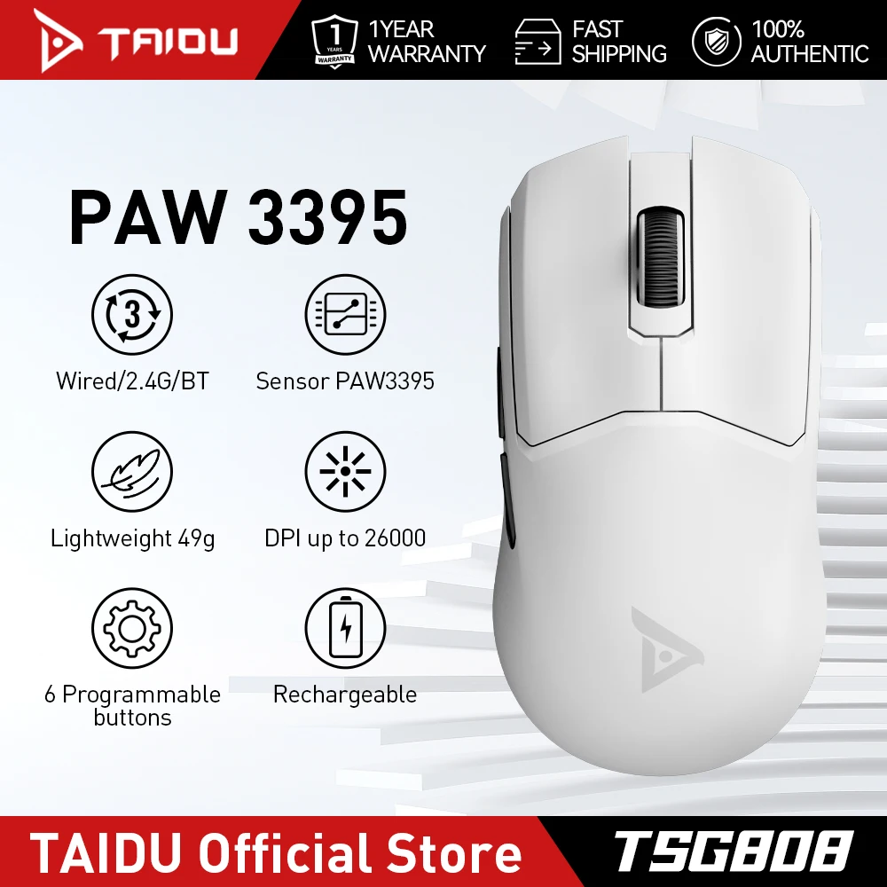 

TAIDU TSG808 Gaming Mouse PAW3395 2.4G Wireless Bluetooth Mouse 3Mode 26000DPI 49g Lightweight For PC Gamer Computer Laptop Mice