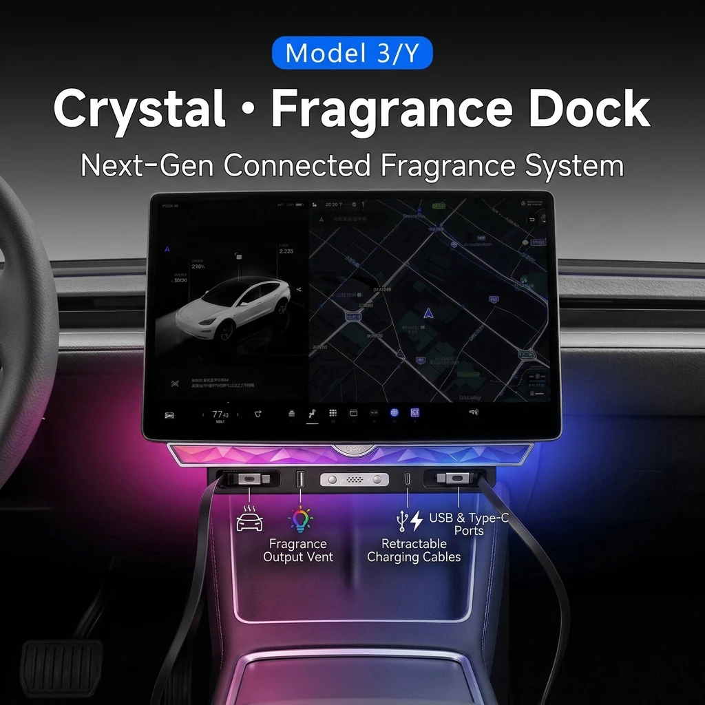 For Tesla Model 3/Y Crystal Fragrance Dock, Under-screen Expansion Hub RGB Light Retractable Cable Fast Charging Air Freshener