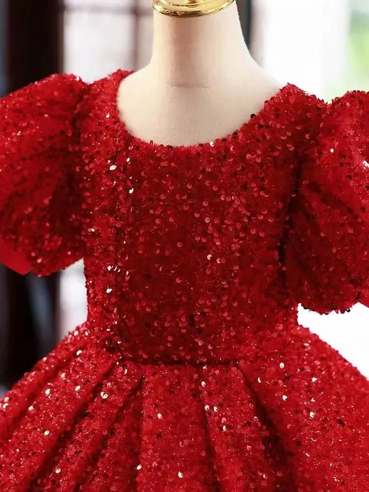 Vestidos de fiesta para la ceremonia de la comunión, vestidos rojos brillantes para niñas que van a ser damas de honor en una boda, con lentejuelas, manga corta, de largo hasta el suelo, estilo princesa, para fiestas de cumpleaños infantiles.