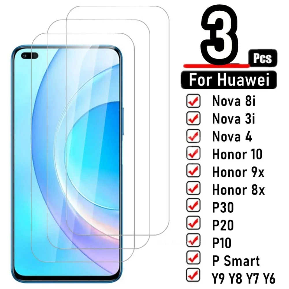 3PCS Screen Protectors for Huawei Nova 8i Nova4 Nova3i Tempered Glass Phone Film on Honor 10 9X 8X Huawei P30 P20Pro Y9 Y8 Y7