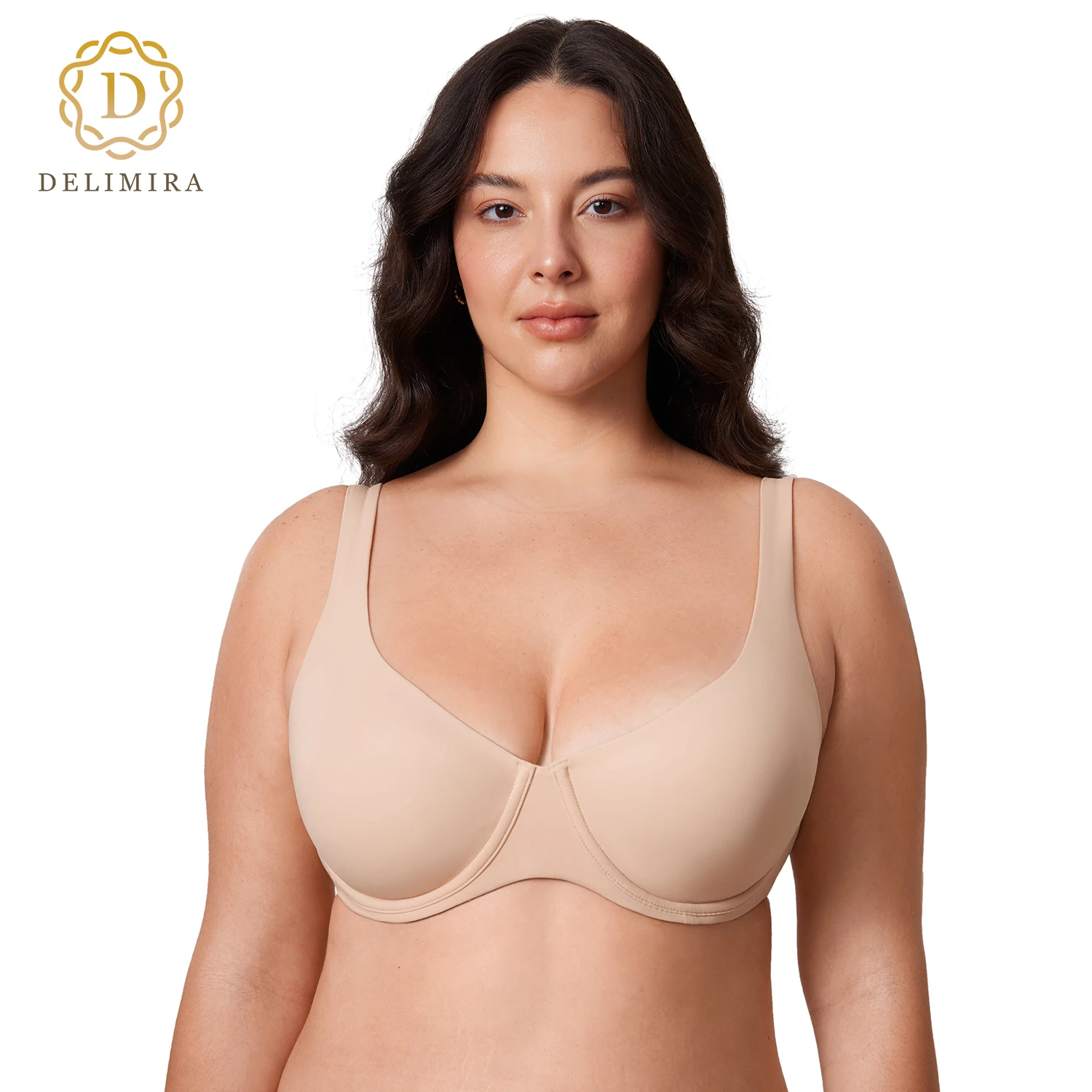 DELIMIRA Women's Confishape Scoop Neck Balconette Bra Plus Size Minimizer Underwire Full Coverage Unlined Bras B C D DD E F G