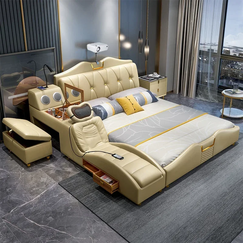 

Budget-friendly Tatami Leather Bed, Master Bedroom, Multifunctional Double Bed, Light Luxury Simple Projector