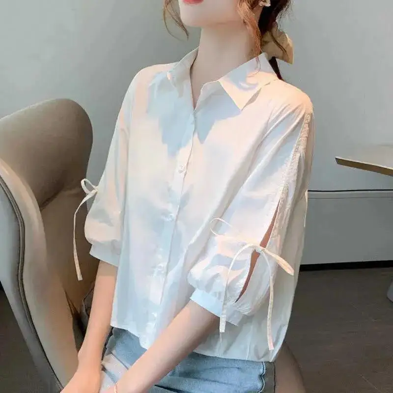 Summer New Lacing Solid Color Loose Shirt Tops Polo Neck Short Sleeve All-match Office Blouse Fashion Casual Women Clothing
