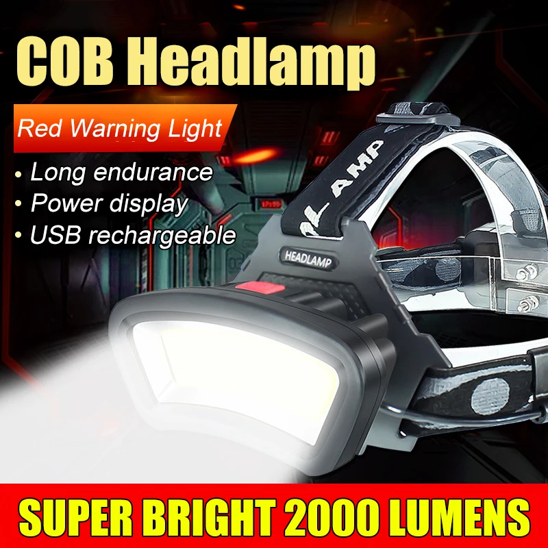 2000LM Super Bright COB Headlamp Use 2*18650 Battery USB Rechargeable Head Torch Outdoor Waterproof Camping Fishing Headlight