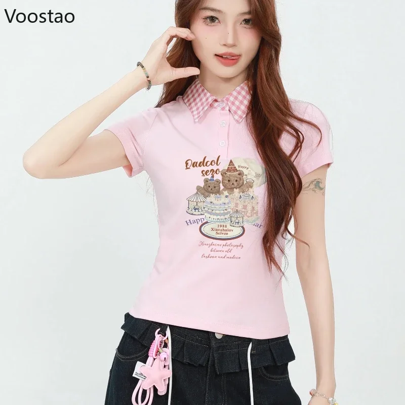 Japanese Sweet Cute Cartoon Bear Print Lolita T-shirt Girls Harajuku Plaid Patchwork Kawaii Tops Women Y2k Aesthetic Fairy Tees