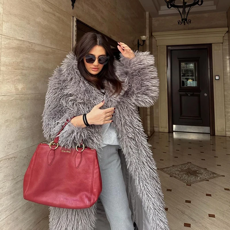 Neo Mint Extra Long Luxury Lamb Fur Teddy Coat Women 2024 Winter Ladies Mob Wife Style Oversized Chunky Faux Fur Jacket Overcoat