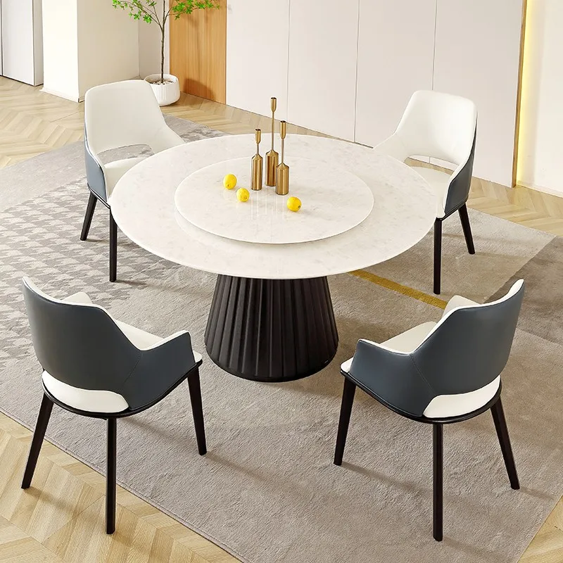 Italian minimalist natural marble grade A white ice jade round dining table and chair combination