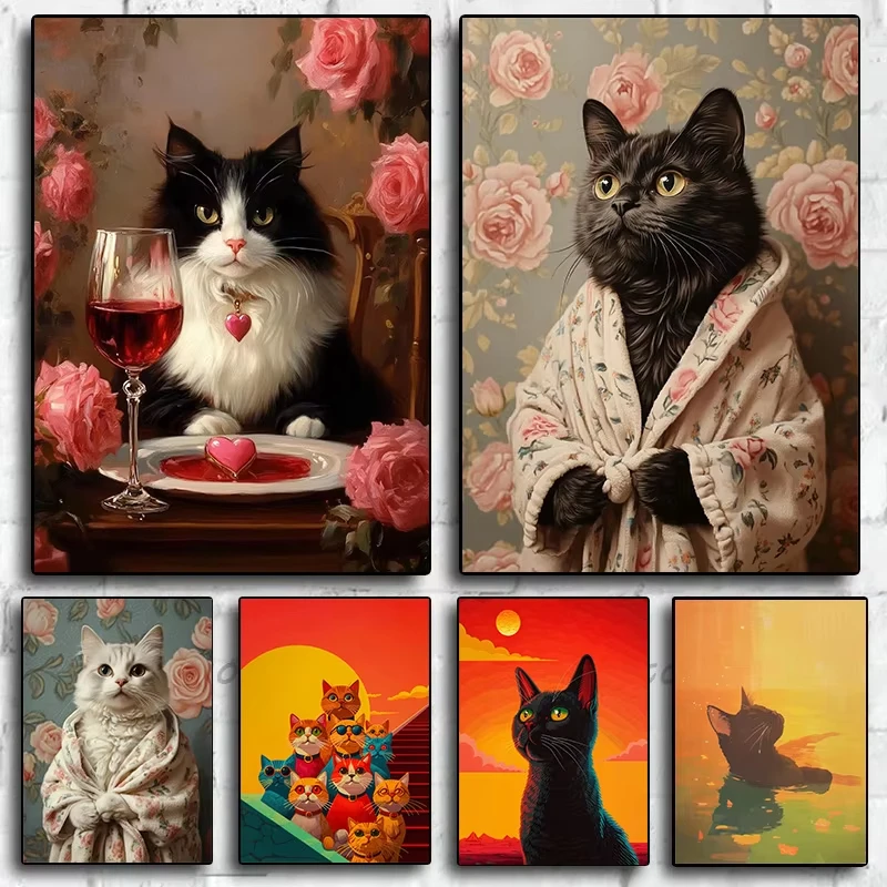 Abstract Whimsical Black Cat Sunset Swimming Colorful Tuxedo Cat Poster Print Wall Art Pictures Canvas  Room Home Decor