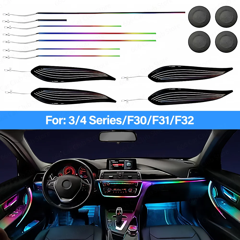 BMW 3/4 시리즈 3GT F30 F31 F32 F34용 LED 앰비언트 라이트 앱 제어 256색 자동차 실내 조명 키트 리모컨 및 앱 포함