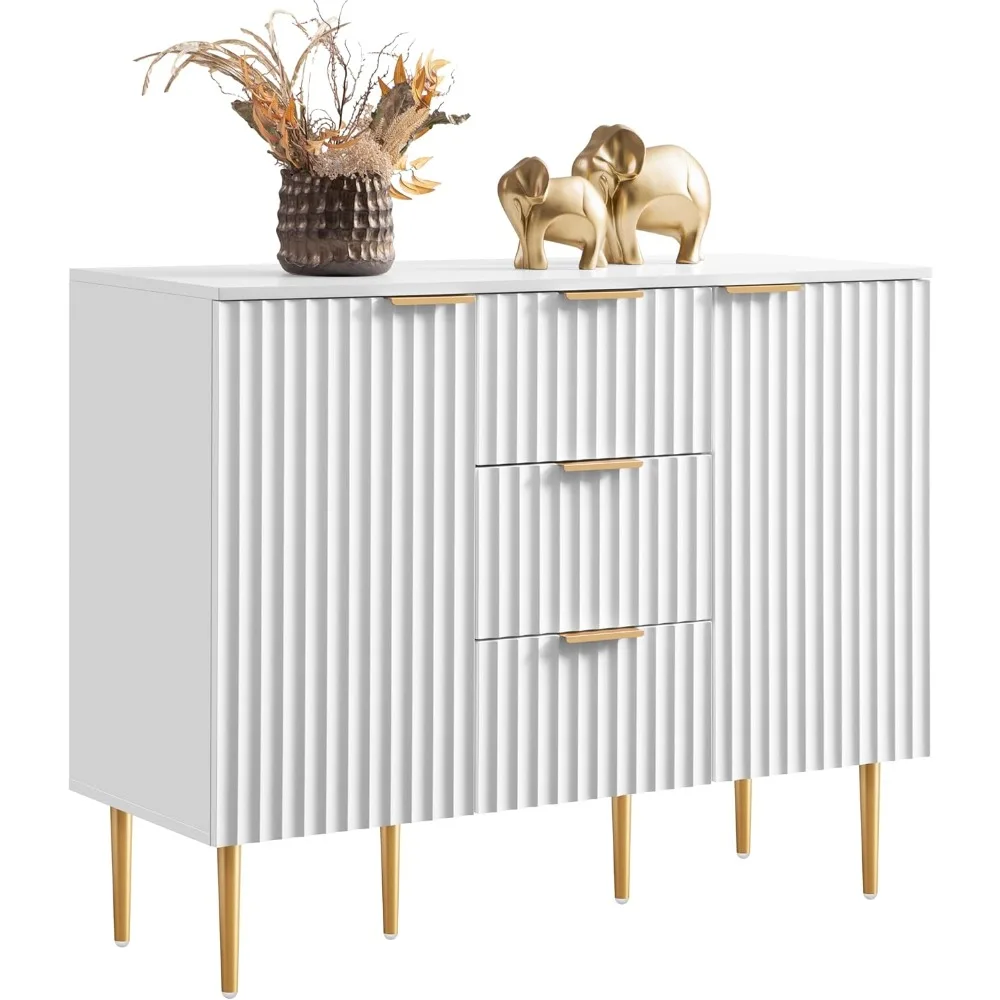 

Buffet Sideboard Fluted Storage Cabinet with Doors and Shelves, White Fluted Buffet Sideboard with 3 Drawers, Accent Cabinet Co