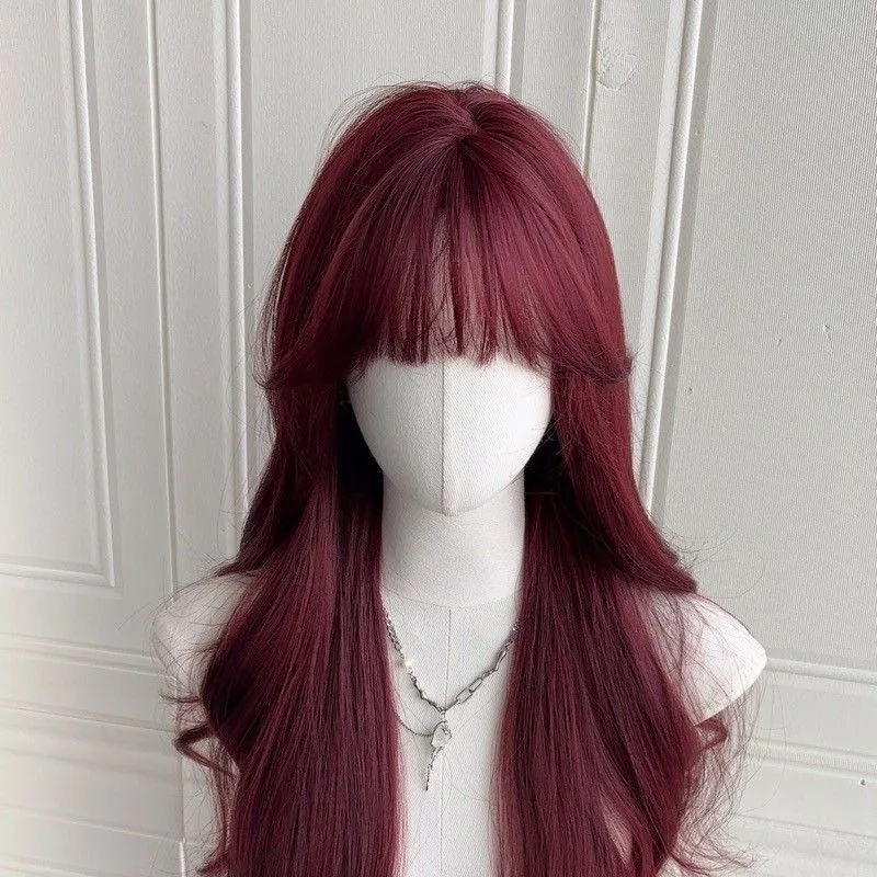 

Wig Female Long Hair Temperament Mermaid Rose Red Qi Bangs Curly Hair Big Wave Curl