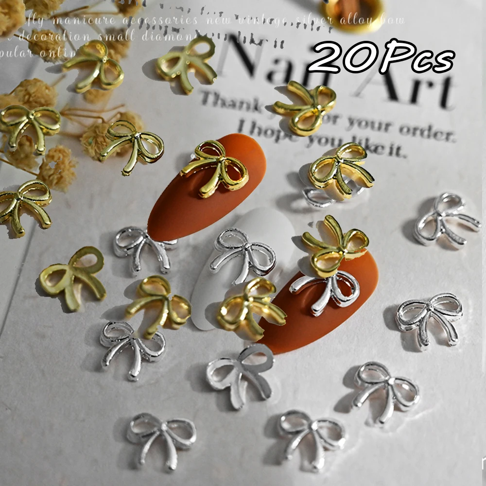 20Pcs Simple Bowknot Alloy Nail Charms 8-10mm Sweet Gold/Silver Bow Nail Art Decoration DIY Cute Girl Bowknot Manicure Parts