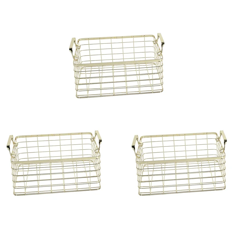 

3X Metal Storage Basket Chic Nordic Handmade Iron Net Table Shelves Basket Bath Clothes Cosmetics Storage Basket-Gold-A68E