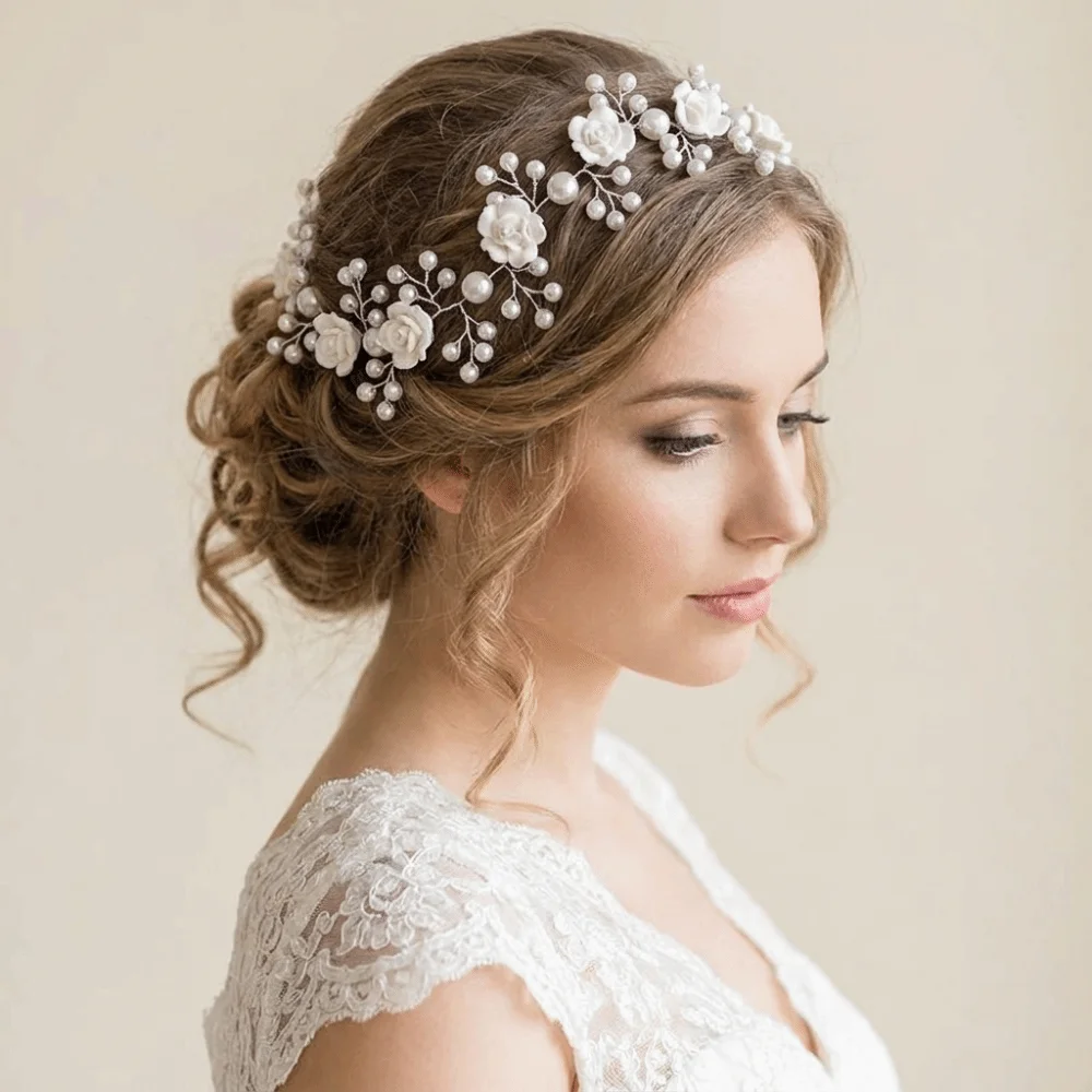 Beaded Rose Flower Headband Sparkling Pearl Bridal Hair Band Korean Style Baroque Style Wedding Hair Accessories Prom Event