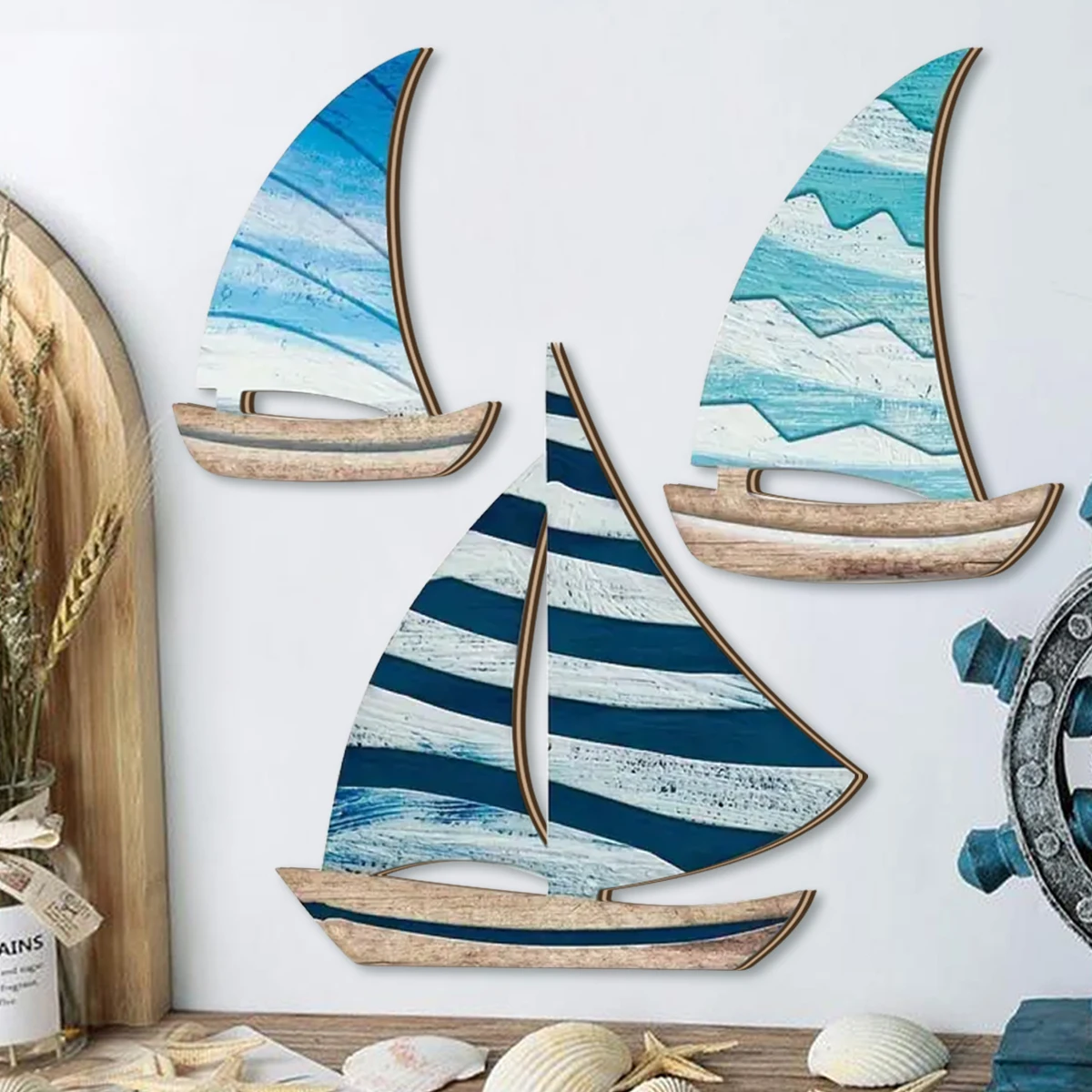 1 set of 2D blue ocean style sailboat wooden wall decoration, Mediterranean style farmhouse wall decoration, home decoration