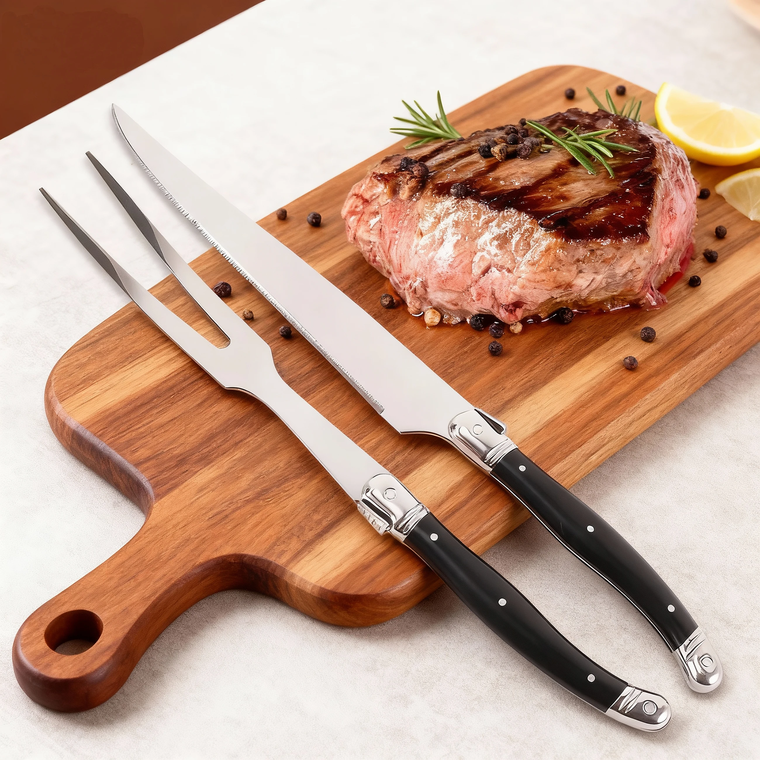 

Jaswehome 2pcs Stainless Steel Steak Knife Dinner Fork set Barbecue fork Fruit salad fork Western Dinner Knife Tableware set