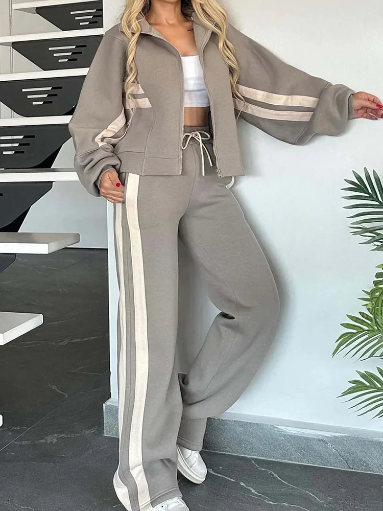 Wide Leg Pants Patchwork Two Pieces Sets, Women Spring Autumn Long Sleeve Coats Outfit, New Turn-Down Collar Simple Ladies Suits