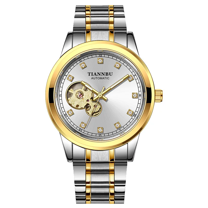 Men Automatic Mechanical Watch Skeleton Dial Diamond Index Stainless Steel Strap Business Dress Watch Gift for Him
