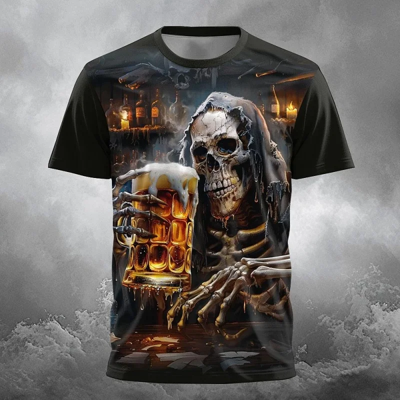 

Beer Death Reaper Pattern T Shirt For Men Cool Skeleton 3D Printed Short Sleeve Tops Summer Casual Round Neck Loose Tee Shirts