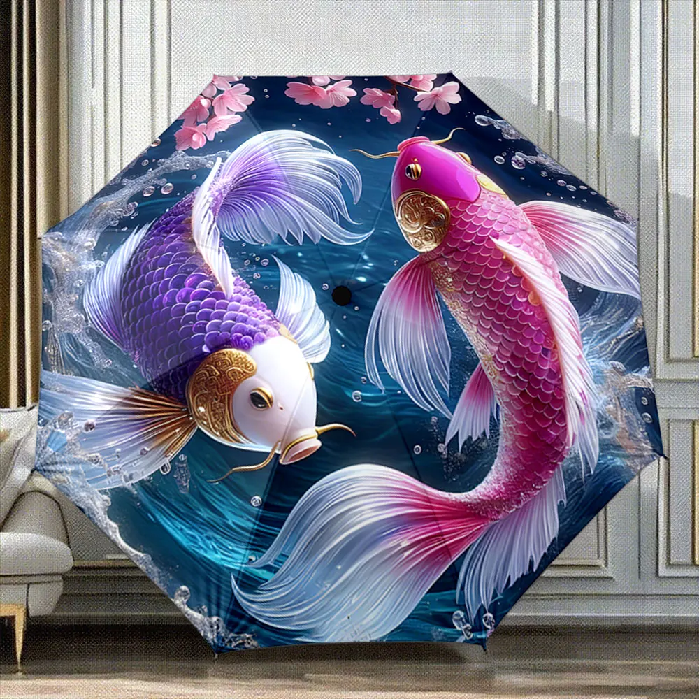 Japanese Koi Fish and Cherry Blossoms Pattern Design portable waterproof sun rain umbrella for outdoor travel beach