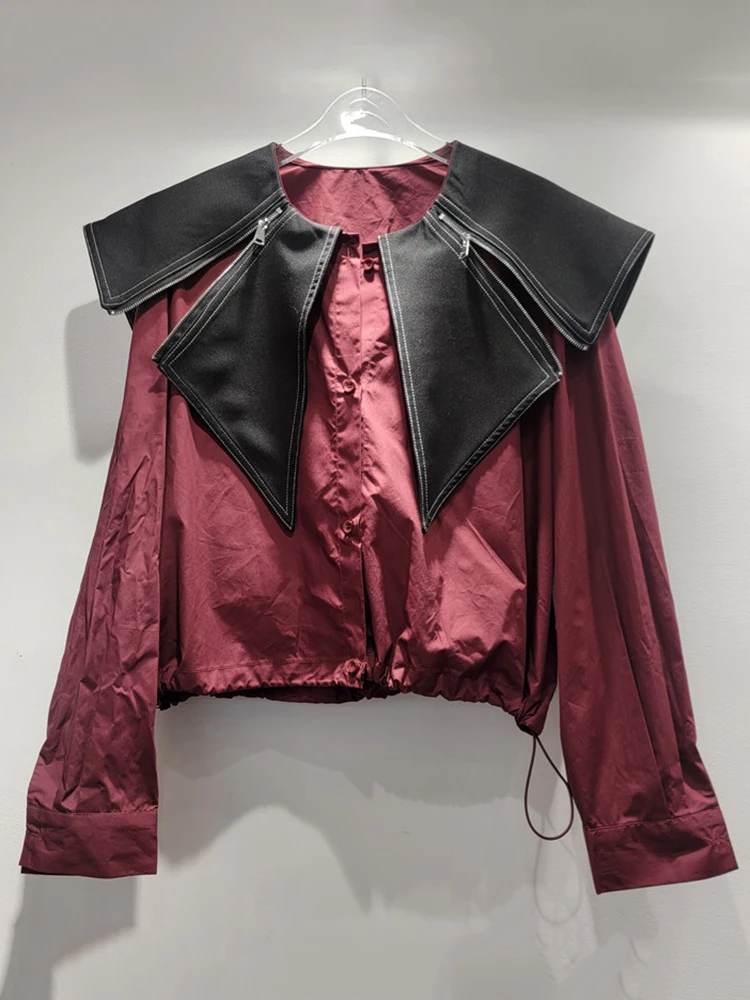 DEAT Trendy New Women\'s Patchwork Leather Shawel Long Sleeve Shirts 2024 Autumn Fashion Drawstring Design Blouse Female 33A1930