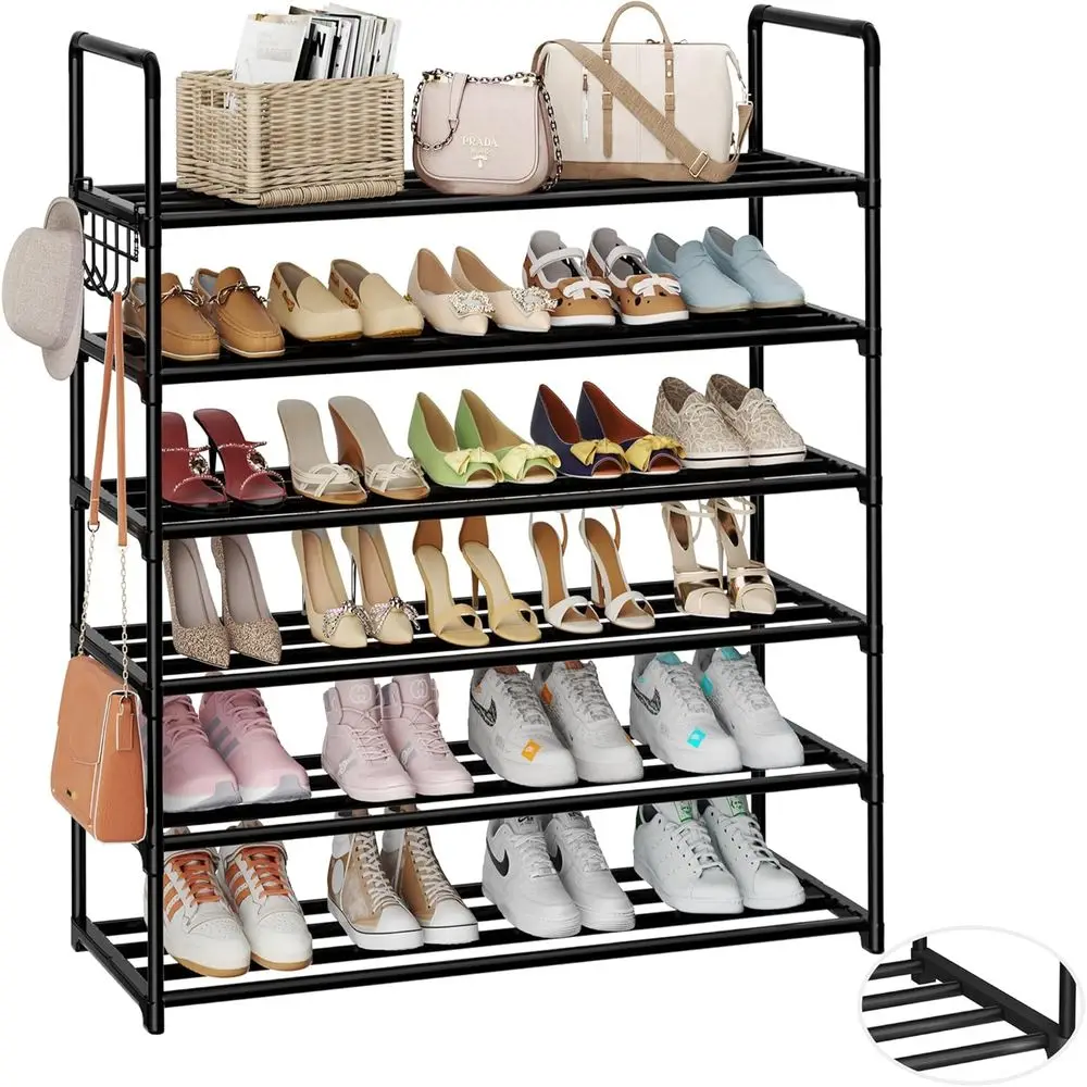 

Metal Shoe Organizer,6 Tiers Shoe Storage Shoe Rack with Hooks,it 24-30 Pairs,Adjustable Shoe Shel or Entryway,Hallway,Bedroom,M