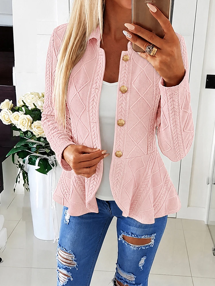 Simple Solid Color Knit Jacquard Sweater Casual Single Breasted Long Sleeved Jacket Fashion Lapel Slim Office Commuting Outwear