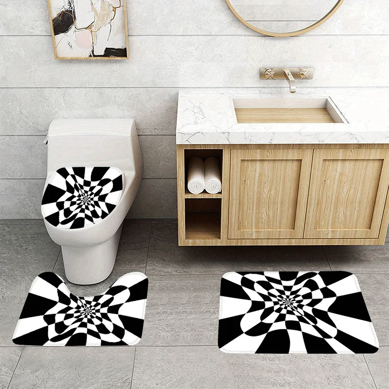 3 Piece Optical Illusion Black White Swirl Flannel Bath Mat Set Non Slip Absorbent Toilet Rug Bathroom Kitchen Door Mat Washable