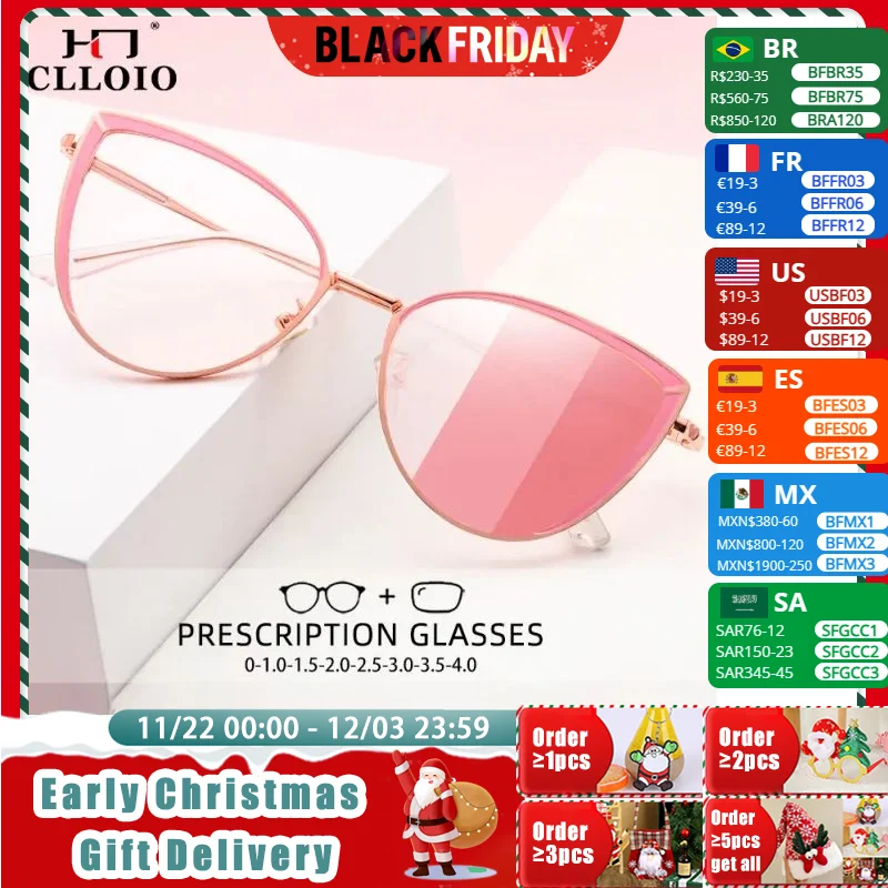 CLLOIO Women Anti Blue Ray Reading glasses Street Fashion Cat eye Frame Color Photochromic Myopia Prescription Optical Glasses