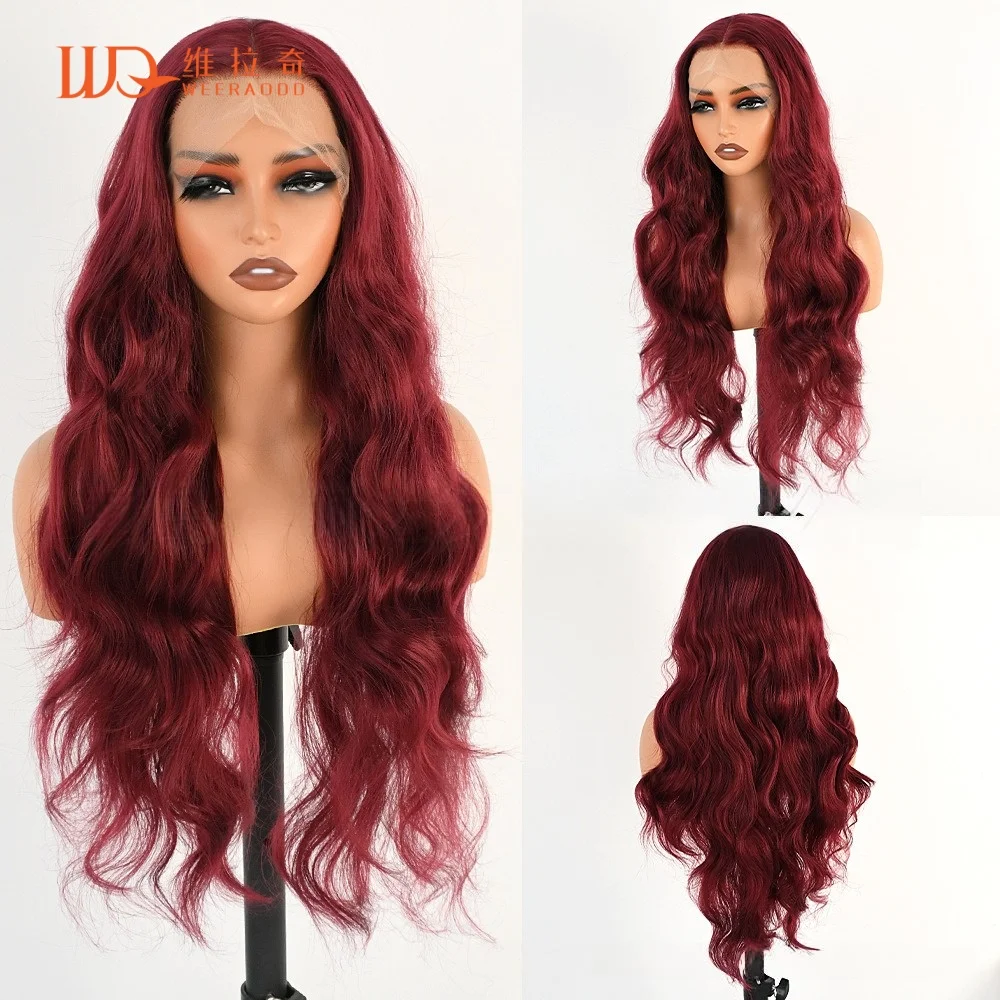 burgundy-red-13x4-synthetic-lace-front-wigs-for-women-28-inch-long-wavy-glueless-synthetic-wigs-red-free-part-150-density