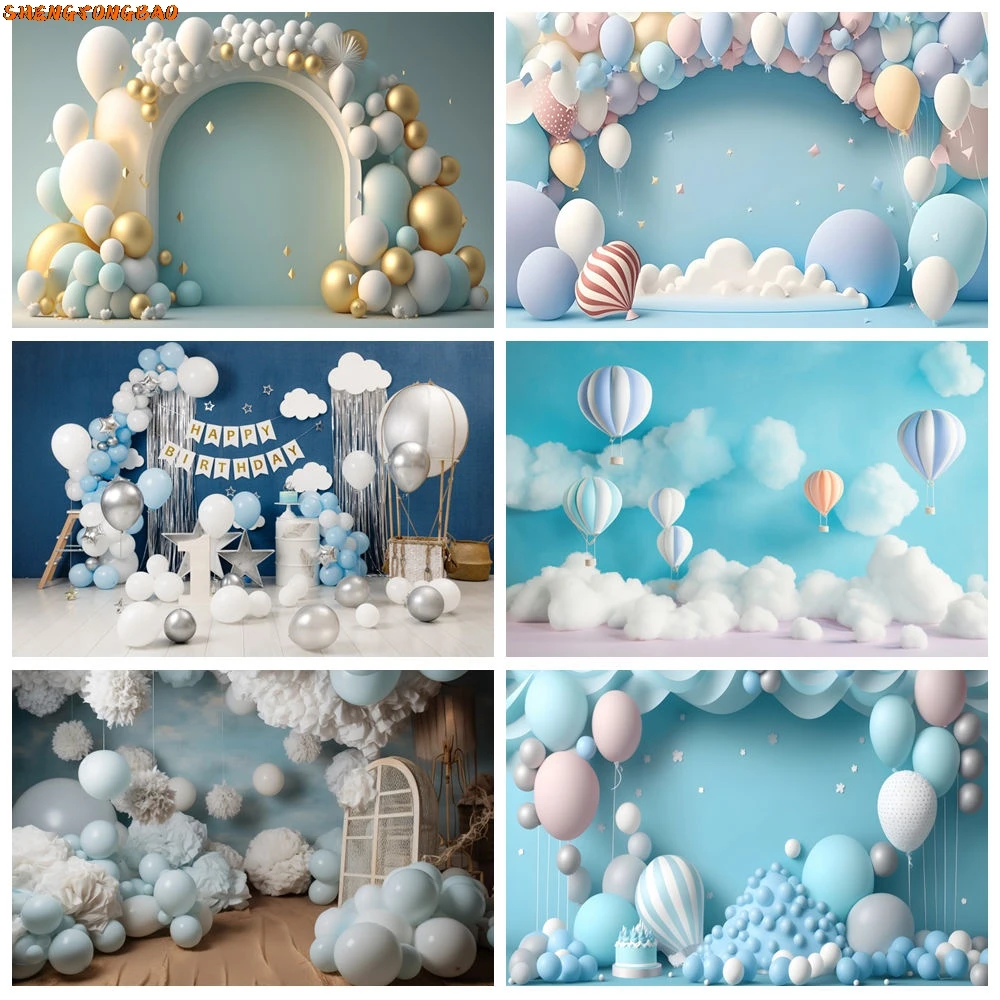 

Newborn Baby Birthday Party Photography Backdrops Blue Balloon Boy Girl First Birthday Decor Baby Shower Background Photo Studio