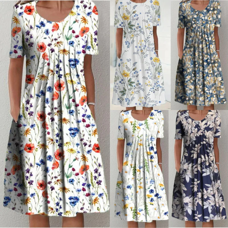 

2025 Spring and Summer Women's Clothing Elegant Pendulum Skirt Round Neck Printed Short-sleeved Dress Europe and America